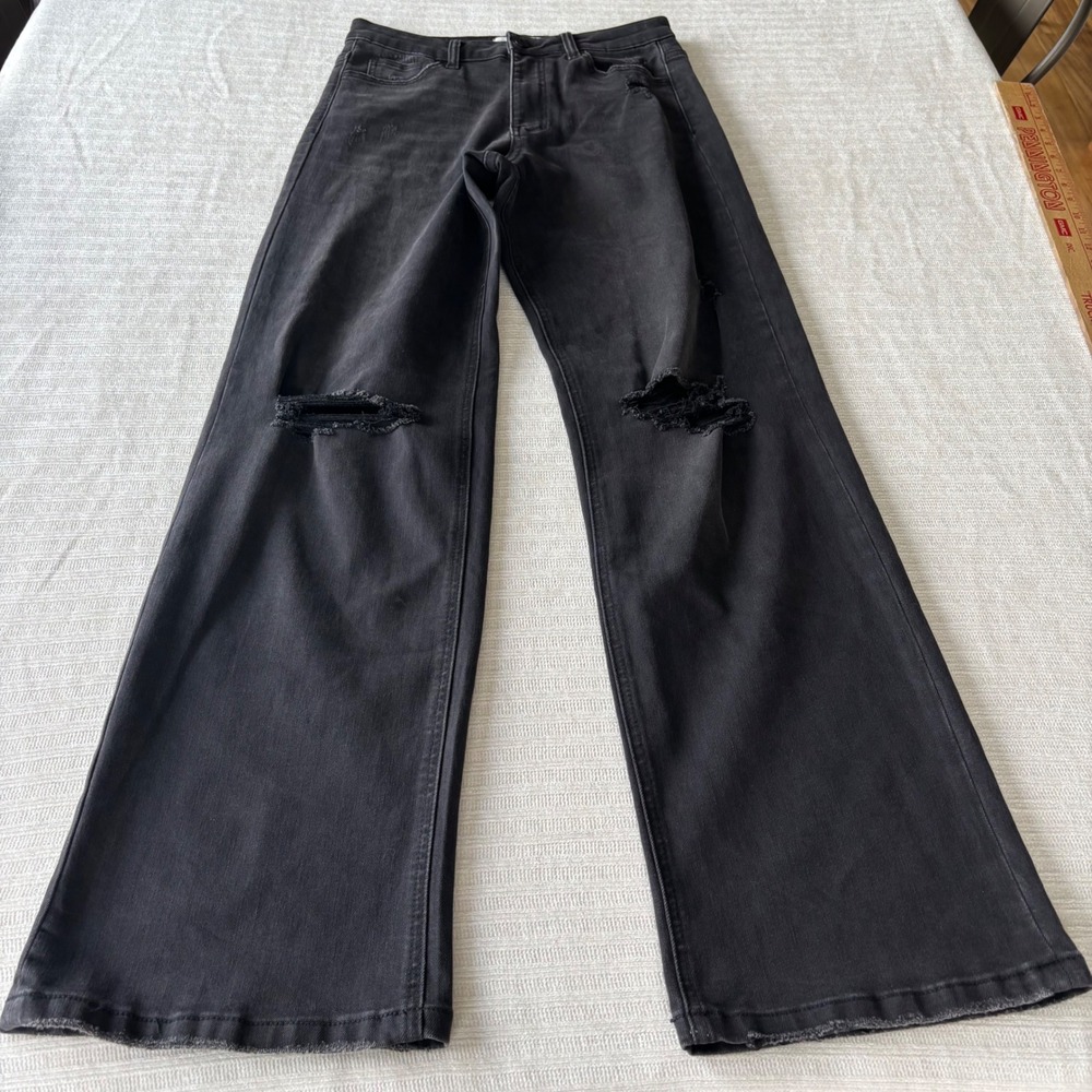 Vervet Los Angeles Distressed Wide Leg Jeans Black Size 29 V3439 Frayed Hem